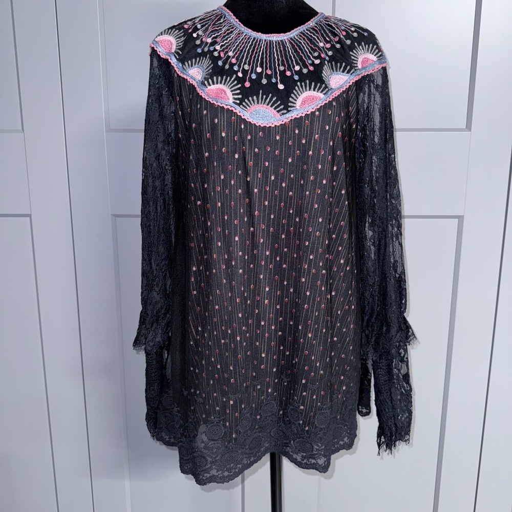 Black Lace Tunic with Pink Embroidery